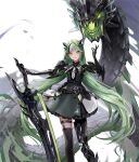  1girl cropped daeraeband dress green_dress green_eyes green_hair highres holding holding_sword holding_weapon long_hair looking_at_viewer original parted_lips prosthesis prosthetic_arm prosthetic_leg single_thighhigh solo standing sword thigh-highs weapon white_background 