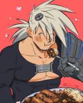  1boy abs blush bodysuit closed_eyes curry eating food jinkichi kyuuketsuki_sugu_shinu long_hair male_focus muscular muscular_male nail_hair_ornament pectoral_cleavage pectorals ponytail prosthesis prosthetic_arm red_background satetsu_(kyuuketsuki_sugu_shinu) scar scar_on_face solo spiky_hair spread_legs 