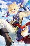  1boy animal_ears blonde_hair blue_eyes boots dog_boy dog_ears dog_tail fingerless_gloves gaetti_(saibai_shounen) gloves long_sleeves looking_at_viewer male_focus martial_arts official_art saibai_shounen second-party_source shokill short_hair solo tail 