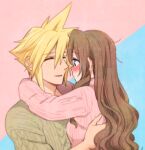  1boy 1girl aerith_gainsborough alternate_costume arms_around_neck blonde_hair blue_background blush breasts brown_hair cable_knit closed_eyes cloud_strife couple crying final_fantasy final_fantasy_vii green_eyes hair_between_eyes hair_down hand_on_another&#039;s_back hug krudears long_hair long_sleeves medium_breasts open_mouth pink_background pink_sweater short_hair sidelocks smile spiky_hair sweater tears two-tone_background upper_body wavy_hair 