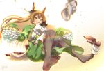  10ttruck 1girl animal_ears bangs blurry blurry_background blurry_foreground braid breasts brown_eyes brown_hair commentary_request depth_of_field feet floating french_braid frills green_jacket green_skirt hair_ribbon highres horse_ears horse_girl jacket lace_trim large_breasts legs long_hair long_sleeves no_shoes open_mouth ribbon satono_diamond_(umamusume) shiny shiny_hair shirt shoes shoes_removed sidelocks signature skirt sleeves_past_fingers sleeves_past_wrists soles solo sweatdrop thigh-highs thighs toes umamusume white_shirt worried 