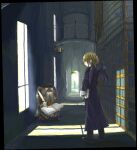  1boy 1other black_robe black_wings blonde_hair book closed_mouth commentary_request day eon_(greencastle) expressionless full_body furry furry_male holding holding_book indoors library looking_at_another lowres old old_man original quill rabbit_boy short_hair standing window wings 