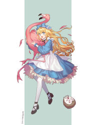  1girl alice's_adventures_in_wonderland alice_(alice_in_wonderland) animal apron black_shoes blonde_hair blue_dress dated dhkdldpa dress flamenco frilled_dress frills long_hair long_sleeves looking_at_viewer open_mouth pantyhose puffy_long_sleeves puffy_sleeves shoes solo teeth upper_teeth_only white_apron white_pantyhose 