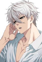  1boy absurdres blue_lock brown_eyes collarbone collared_shirt commentary_request dated fingernails hair_between_eyes highres male_focus may_(illust_man_2020) nagi_seishirou open_clothes open_mouth open_shirt shirt short_hair signature simple_background solo teeth upper_body white_background white_shirt 
