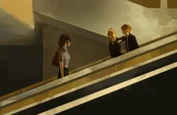  1boy 2girls absurdres backpack bag black_jacket chainsaw_man demon_girl demon_horns denji_(chainsaw_man) escalator grey_shirt hair_between_eyes highres horns jacket kumah_dessu long_hair multiple_girls one_eye_closed open_mouth orange_hair power_(chainsaw_man) purple_hair red_horns reze_(chainsaw_man) sharp_teeth shirt short_hair suit_jacket teeth 