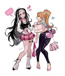  2girls bag belt black_camisole black_hair black_pants blonde_hair blue_shirt camisole commentary earrings english_commentary fashion hair_ornament handbag heart heart_earrings high_heels high_ponytail highres jewelry libbly_libby long_hair loose_socks mcbling multiple_girls off-shoulder_shirt off_shoulder original pants phone pink_bag pink_shoes pink_skirt pleated_skirt ponytail rhinestone shirt shoes simple_background skirt socks star_(symbol) star_hair_ornament very_long_hair white_background white_shirt white_socks y2k_fashion 