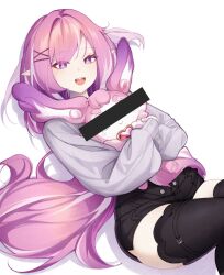  1girl absurdres alternate_costume black_boots black_shorts boots censored censored_identity commentary_request diamond-shaped_pupils diamond_(shape) elf elysia_(herrscher_of_human:_ego)_(honkai_impact) elysia_(honkai_impact) grey_sweater highres honkai:_star_rail honkai_(series) honkai_impact_3rd hugging_doll hugging_object jfifwebp korean_commentary long_hair mem_(honkai:_star_rail) open_mouth pink_hair pointy_ears shorts simple_background smile solo sweater symbol-shaped_pupils thighs very_long_hair violet_eyes white_background 