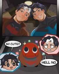  batman_(series) batman_symbol black_bodysuit black_hair blue_eyes bodysuit brown_jacket commentary dc_comics dick_grayson english_commentary grey_bodysuit highres jacket jason_todd male_focus mask multicolored_bodysuit multiple_boys muscular muscular_male nightwing open_clothes red_hood_(dc) red_hood_and_the_outlaws red_mask sashxuh short_hair superhero_costume taut_bodysuit two-tone_bodysuit western_comics_(style) 