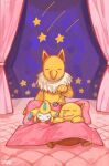  3others blanket commentary_request drowzee holding hypno jirachi multiple_others no_humans oyasuminjyutsu pillow pokemon pokemon_(creature) stage stage_curtains star_(symbol) 