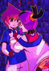  2boys ahoge artist_name black_hair blue_eyes blue_outline blue_shirt collared_shirt cowboy_shot crying crying_with_eyes_open florian_(pokemon) gloves green_outline grid_background hair_over_one_eye highres jacket kieran_(pokemon) leaning_forward male_focus multiple_boys necktie off_shoulder open_clothes open_jacket open_mouth outline parted_lips pokemon pokemon_scarlet_and_violet ponytail purple_background purple_hair red_gloves red_hair red_necktie red_vest shirt shootingstareon short_sleeves shorts single_sidelock sweat tears teeth vest white_jacket white_shorts yellow_eyes yellow_outline 