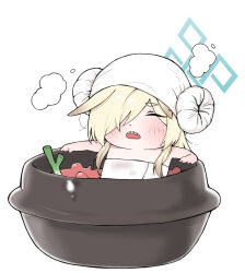  1girl animal_ears blonde_hair blue_archive blue_halo chibi chibi_only closed_eyes commentary_request dog_ears dog_girl dot_nose food hair_over_one_eye halo highres kanna_(blue_archive) korean_commentary mixed-language_commentary open_mouth sharp_teeth simple_background solo teeth yosik 