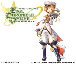  1boy artist_request black_boots black_gloves black_pants boots company_name copyright_logo copyright_notice emil_chronicle_online fingerless_gloves gloves guitar hat holding holding_guitar holding_instrument instrument jacket logo mitama_forte multicolored_jacket official_art orange_eyes orange_hair panties pants red_jacket shirt solo stuffed_toy two-tone_jacket two-tone_pants underwear white_background white_hat white_jacket white_panties white_shirt 