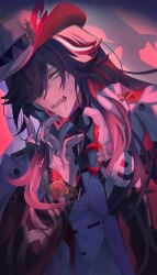  1boy absurdres ashveil_(honkai:_star_rail) black_hair black_shirt crescent crescent_pin drooling fedora gloves gradient_hair hat hat_ornament highres honkai:_star_rail honkai_(series) jacket jewelry lapel_pin long_hair male_focus multicolored_hair necklace reme_si shirt single_glove solo sweatdrop tooth_necklace turtleneck violet_eyes white_gloves white_hair white_hat white_jacket 