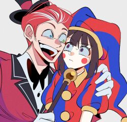  1boy 1girl arm_around_shoulder black_bow black_bowtie black_hair blue_eyes blue_hat blush_stickers bow bowtie caine_(the_amazing_digital_circus) cane gloves green_eyes hat heterochromia highres holding holding_cane humanization jacket multicolored_eyes open_mouth pomni_(the_amazing_digital_circus) red_hair red_hat red_jacket short_hair smile the_amazing_digital_circus two-tone_eyes two-tone_hat white_gloves yp_katelove 