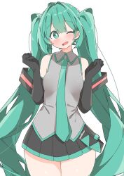  1girl :d aqua_eyes aqua_hair aqua_necktie aqua_trim bare_shoulders black_gloves black_skirt blush breasts bright_pupils clenched_hands collared_shirt commentary cowboy_shot elbow_gloves ganbaru_pose gloves grey_shirt hair_between_eyes hair_ornament hands_up hatsune_miku long_hair looking_at_viewer miniskirt necktie no_nose one_eye_closed open_mouth pleated_skirt shirt simple_background skirt sleeveless sleeveless_shirt small_breasts smile solo straight_hair twintails uruti_2388 very_long_hair vocaloid white_background white_pupils 