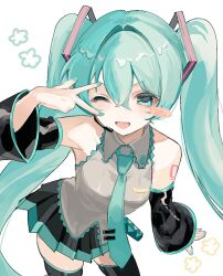  1girl aqua_eyes aqua_hair aqua_nails aqua_necktie bare_shoulders black_boots black_skirt boots detached_sleeves grey_shirt hatsune_miku headset long_hair mirin_sawa necktie one_eye_closed open_mouth pleated_skirt shirt shoulder_tattoo simple_background skirt sleeveless sleeveless_shirt solo tattoo thigh_boots twintails v vocaloid white_background 