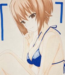  1girl bikini blue_bikini brown_eyes brown_hair engo_(aquawatery) girls_und_panzer halterneck looking_at_viewer navel nishizumi_maho short_hair simple_background sitting smile solo swimsuit traditional_media white_background 
