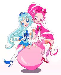  2girls :d ankle_boots arm_support back-to-back blue_boots blue_bow blue_dress blue_eyes blue_hair blue_wrist_cuffs boots bow brooch chest_bow colored_shoe_soles commentary cure_blossom cure_marine curly_sidelocks dress earrings floral_dress flower_earrings frilled_wrist_cuffs frills full_body hair_bow hair_ornament hanasaki_tsubomi heart heart_brooch heart_hair_ornament heartcatch_precure! high_heel_boots high_heels high_ponytail highres jewelry knee_boots knees_together_feet_apart knees_up kurumi_erika light_blush long_hair looking_at_viewer magical_girl multicolored_boots multicolored_dress multiple_girls official_style open_mouth parted_bangs pink_boots pink_bow pink_dress pink_eyes pink_hair pink_wrist_cuffs ponytail precure puffy_short_sleeves puffy_sleeves short_dress short_sleeves simple_background sitting smile thigh-highs two-tone_boots two-tone_dress umakoshi_yoshihiko_(style) very_long_hair wavy_hair white_background white_boots white_dress white_thighhighs wrist_cuffs yuu_(rouie01238) zettai_ryouiki 