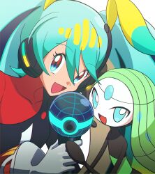  2girls 8736_b absurdres aqua_eyes aqua_hair black_dress blonde_hair blue_thighhighs blush commentary_request dress gradient_hair green_hair hair_between_eyes hair_ornament hatsune_miku headset highres holding holding_microphone long_hair looking_at_another looking_at_viewer meloetta meloetta_(aria) microphone miku_day multicolored_hair multiple_girls open_mouth poke_ball_theme pokemon pokemon_(creature) project_voltage simple_background smile thigh-highs twintails very_long_hair vocaloid white_background 