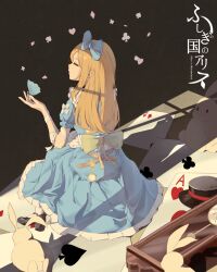  1girl alice's_adventures_in_wonderland alice_(alice_in_wonderland) apron back_ribbon blonde_hair blue_bow blue_dress bow card closed_eyes copyright_name dress frilled_dress frills hair_bow hand_up hat highres lanyueqi long_hair playing_card puffy_sleeves rabbit shadow sitting solo top_hat white_apron white_bow 