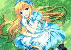  1girl alice's_adventures_in_wonderland alice_(alice_in_wonderland) apron aqua_dress aqua_ribbon black_shoes blue_eyes dress gloves grass hand_up looking_at_viewer lying mochiko_(mochiko3121) open_mouth puffy_short_sleeves puffy_sleeves ribbon shoes short_sleeves solo striped_clothes striped_dress striped_thighhighs thigh-highs vertical-striped_clothes vertical-striped_dress white_apron white_gloves 