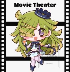  1girl aki_mabayu bare_shoulders beret blue_boots blue_bow blue_bowtie blue_hat blue_wrist_cuffs blunt_bangs blunt_ends boots bow bowtie chibi clothing_cutout collar commentary_request cropped_shirt cup detached_collar detached_sleeves disposable_cup dress drink drinking_straw english_text eyes_visible_through_hair film_strip frilled_dress frills gloves green_hair hair_ornament hair_over_one_eye hairclip happy hat high_collar holding holding_drink leon0510 light_blush long_hair long_sleeves magia_record:_mahou_shoujo_madoka_magica_gaiden mahou_shoujo_madoka_magica midriff mini_hat miniskirt navel open_clothes open_dress open_mouth purple_dress purple_shirt purple_thighhighs shirt skirt sleeveless sleeveless_dress smile solo standing tareme thigh-highs thigh_cutout twitter_username very_long_hair violet_eyes watermark white_background white_collar white_gloves white_shirt white_skirt wrist_bow wrist_cuffs 
