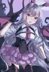  1girl absurdres alternate_costume bat_wings black_corset black_gloves black_thighhighs breasts carin_(c_arin1012) claw_pose collared_shirt commentary_request corset gloves halloween halloween_costume highres long_hair looking_at_viewer medium_breasts necktie open_mouth pink_skirt red_necktie reisen_udongein_inaba shirt skirt smile solo thigh-highs touhou touhou_gensou_eclipse very_long_hair white_shirt wings 