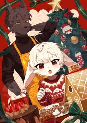  2boys apron black_hair body_fur candy candy_cane christmas christmas_ornaments christmas_star christmas_stocking christmas_sweater christmas_tree commentary cookie english_commentary food fruit furry furry_male gingerbread_house height_difference highres katamuki male_focus marshmallow multiple_boys open_mouth orange_apron orange_eyes original rabbit_boy red_eyes ribbon strawberry sweater white_hair wolf_boy 