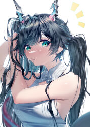  1girl absurdres arknights arknights:_endfield bare_arms bare_shoulders black_hair blue_eyes chen_qianyu_(arknights) closed_mouth commentary dragon_girl dragon_horns dress eastern_dragon_horns hair_tie_in_mouth highres horns long_hair looking_at_viewer mouth_hold no_gloves no_jacket simple_background sleeveless sleeveless_dress solo twintails tying upper_body user_jqf5926 white_background white_dress 