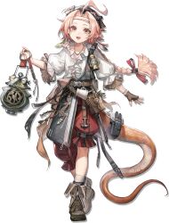  1girl :d ahoge ankle_boots arknights belt boots braid braided_ponytail brown_boots brown_gloves erkai fingerless_gloves full_body gloves highres holding holding_lantern jewelry lantern long_hair looking_at_viewer official_art open_mouth orange_eyes pants pink_hair pointy_ears pouch puffy_sleeves red_pants ribbon rose_salt_(arknights) shirt shorts simple_background single_braid smile snake_girl snake_tail socks solo standing tachi-e tail third-party_source transparent_background white_shirt 