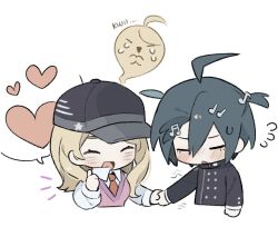  1boy 1girl ahoge akamatsu_kaede black_hair black_hat black_jacket blonde_hair blush chibi chibi_only danganronpa_(series) danganronpa_v3:_killing_harmony embarrassed habixiapi hat heart jacket musical_note necktie open_mouth pink_sweater_vest saihara_shuichi short_twintails spoken_heart sweater_vest twintails 