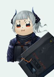  1girl :3 arknights black_jacket black_scarf black_shirt blue_jacket blunt_bangs cropped_torso dragon_girl dragon_horns grey_background grey_hair highres holding holding_shield horns jacket liskarm_(arknights) looking_at_viewer neras open_clothes open_jacket orange_eyes parody parody_request scarf shield shirt simple_background solo style_parody upper_body v-shaped_eyebrows 