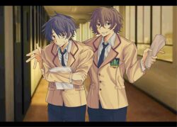  2boys blazer blue_hair blurry blurry_background brown_hair brown_jacket chaos;head collared_shirt commentary dress_shirt green_eyes grin hallway highres holding holding_paper indoors jacket kiryu1835473934 lapels looking_at_viewer loose_necktie misumi_daisuke multiple_boys necktie nervous nervous_sweating nishijou_takumi open_mouth pants paper purple_necktie purple_pants school school_uniform science_adventure shirt smile suimei_academy_school_uniform sweat white_shirt winter_uniform yellow_eyes 