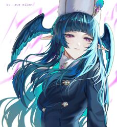 1girl arched_bangs ave_eiler_(eilerchan) blue_hair breasts celaeno_(genshin_impact) english_commentary fur_collar fur_hat fur_trim genshin_impact green_hair green_jacket hat head_wings highres jacket long_hair long_sleeves looking_at_viewer medium_breasts multicolored_hair papakha pointy_ears solo symbol-shaped_pupils two-tone_hair upper_body violet_eyes white_hat wings 