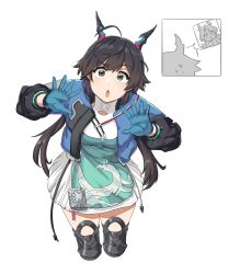  1girl absurdres arknights arknights:_endfield black_boots black_gloves black_hair blue_gloves blue_horns blue_jacket boots bruce_guk chen_qianyu_(arknights) commentary cropped_legs dragon_girl dragon_horns dress eastern_dragon_horns gloves highres horns jacket long_hair long_sleeves looking_at_viewer multicolored_gloves open_clothes open_jacket open_mouth simple_background solo thigh_boots twintails two-sided_gloves two-tone_gloves white_background white_dress 