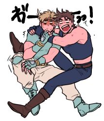  2boys arm_up arms_around_neck bare_shoulders battle_tendency belt black_shirt blonde_hair blue_gloves blue_pants blue_shoes boots brown_belt brown_boots brown_hair caesar_anthonio_zeppeli chuu_ni commentary_request crop_top empty_eyes facial_mark fake_head_wings gloves hand_on_another's_arm jojo_no_kimyou_na_bouken joseph_joestar joseph_joestar_(young) male_focus midriff multiple_boys navel nervous_sweating open_mouth pants scared shirt shoes short_sleeves sweat teeth translation_request upper_teeth_only very_sweaty white_background white_pants 