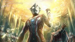  2girls 5boys 6+others alien arm_guards astra_(ultra_series) beard belt belt_buckle blue_gem breasts buckle cape chest_guard clenched_hand color_timer colored_skin commentary compound_eyes crest dorsal_fin facial_hair father_of_ultra forehead_jewel gem giant giant_male giant_of_light gloves glowing glowing_eyes green_gem hand_up horns in-franchise_crossover land_of_light large_horns light_particles looking_ahead looking_up mebius_brace mother_of_ultra multicolored_skin multiple_boys multiple_girls multiple_others no_pupils outstretched_arm outstretched_hand pectorals red_cape red_gloves red_skin short_twintails side-by-side signature silver_belt silver_skin snowslide solo_focus spread_fingers tokusatsu toned toned_male twintails two-tone_skin ultra_series ultraman_80 ultraman_80_(series) ultraman_ace_(series) ultraman_leo ultraman_leo_(series) ultraman_mebius ultraman_mebius_(series) ultraman_tarou_(series) upper_body watermark white_eyes yellow_eyes yullian 