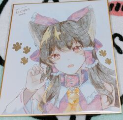  1girl animal_collar animal_ears ascot bell bow brown_hair carin_(c_arin1012) cat_ears cat_girl claw_pose collar commentary_request dated detached_sleeves frilled_bow frilled_hair_tubes frills hair_bow hair_tubes hakurei_reimu highres jingle_bell kemonomimi_mode long_hair looking_at_viewer neck_bell open_mouth photo_(medium) red_bow red_collar red_eyes ribbon-trimmed_sleeves ribbon_trim shikishi solo touhou traditional_media translation_request yellow_ascot 