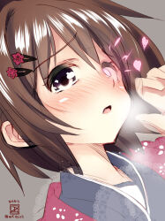  1girl alternate_costume blush breath brown_eyes brown_hair commentary_request dated furutaka_(kancolle) glowing glowing_eye hair_between_eyes hair_ornament hairclip heart japanese_clothes kantai_collection kimono looking_at_viewer parted_lips pink_eyes short_hair simple_background solo twitter_username upper_body weshika 