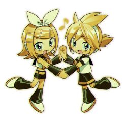  1boy 1girl 2000s_(style) :d bare_shoulders belt black_sailor_collar black_shorts black_sleeves black_socks black_trim blonde_hair blue_eyes blush bow_hairband brother_and_sister chibi chibi_only chromatic_aberration colored_shoe_soles commentary crop_top cropped_shirt detached_sleeves double-parted_bangs faux_retro_artstyle film_grain flat_chest flipped_hair full_body hair_between_eyes hair_ornament hairband hairclip headphones headset highres holding_hands interlocked_fingers kagamine_len kagamine_rin kneehighs long_sleeves looking_at_viewer loose_socks medium_hair menma_(enaic31) midriff multicolored_shoes musical_note neckerchief necktie no_nose open_mouth outline parallel_hairclips puffy_short_sleeves puffy_sleeves sailor_collar shirt shoes short_hair short_shorts short_sleeves shorts siblings sidelocks simple_background sleeveless sleeveless_shirt smile socks square-end_necktie standing standing_on_one_leg swept_bangs tongue twins two-tone_shoes untranslatable_commentary vocaloid white_background white_hairband white_shirt white_shoes yellow_belt yellow_neckerchief yellow_necktie yellow_outline yellow_shoes yellow_trim 