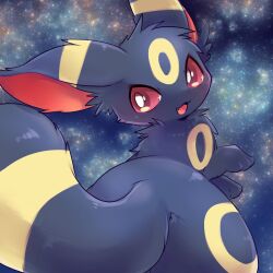  :3 animal_focus commentary_request fluffy fluffy_tail from_behind highres light_blush looking_at_viewer looking_back no_humans open_mouth pokemon pokemon_(creature) pokemon_focus rearing red_eyes smile solo star_(sky) starry_sky_background suppainu umbreon 