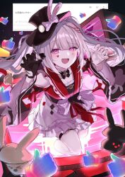  1girl black_gloves black_hat bow braid clothing_cutout collarbone commentary_request diamond_(shape) diamond_facial_mark diamond_on_cheek dress facial_mark gloves hat hat_bow hat_ornament heart heart_facial_mark heart_on_cheek highres honkai:_star_rail honkai_(series) kuramoto_beta-carotene long_hair looking_at_viewer mark_under_both_eyes mini_hat mini_top_hat multicolored_hair open_mouth paw_pose pink_eyes plaid_clothes plaid_sleeves rabbit_ear_headwear rabbit_hat_ornament shoulder_cutout single_glove smile solo sparkle_(honkai:_star_rail) sparxie_(honkai:_star_rail) thigh_strap thumbs_up_emoji top_hat twintails very_long_hair white_hair 
