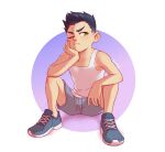  1boy absurdres bare_shoulders batman_(series) black_hair child damian_wayne dc_comics green_eyes highres justnetd male_child male_focus on_floor one_eye_closed shirt shoes shorts sneakers solo symbol-only_commentary tank_top white_background white_shirt 