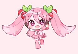  1girl :d bare_shoulders blush_stickers boots botausaa cherry_hair_ornament chibi chibi_only collared_shirt commentary detached_sleeves dot_nose double-parted_bangs food-themed_hair_ornament full_body hair_between_eyes hair_ornament hatsune_miku headset leaf_hair_ornament long_hair long_sleeves looking_at_viewer miniskirt necktie open_mouth outline outstretched_arm pink_background pink_boots pink_eyes pink_hair pink_necktie pink_shirt pink_skirt pink_sleeves pleated_skirt sakura_miku shirt simple_background skirt sleeveless sleeveless_shirt smile solo standing standing_on_one_leg thigh_boots tie_clip twintails vocaloid white_outline wide_sleeves zettai_ryouiki 