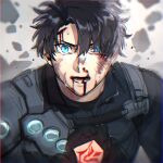 1boy armor black_armor black_gloves black_hair blood blood_from_mouth blood_on_face command_spell es_fthc fate/grand_order fate_(series) fujimaru_ritsuka_(male) gloves hair_between_eyes highres looking_at_viewer male_focus official_alternate_costume open_mouth short_hair shoulder_armor solo upper_body 
