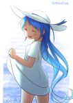 1girl alternate_costume bangs blue_hair closed_eyes dress from_below gradient_hair hat kantai_collection long_hair multicolored_hair one-hour_drawing_challenge ray.s samidare_(kancolle) skirt_hold smile solo sun_hat swept_bangs twitter_username very_long_hair white_dress white_headwear 