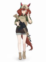  absurdres adjusting_hair alternate_costume animal_ears assault_rifle averting_eyes blush boots brown_boots brown_hair brown_shoes bulletproof_vest commentary double-parted_bangs ear_covers elcan_scope english_commentary full_body green_hoodie grey_eyes gun hair_between_eyes helmet highres holding holding_gun holding_weapon hood hood_down hoodie horse_ears horse_girl laser_sight long_sleeves m4_carbine magazine_(weapon) medium_hair multicolored_hair muzzle_device myticalcat nice_nature_(umamusume) open_mouth peanut_mouth rifle shoes short_shorts short_twintails shorts sleeves_rolled_up standing streaked_hair trigger_discipline twintails umamusume weapon 
