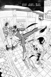  1girl barbara_gordon batgirl batman_(series) batman_symbol bruno_abd cape commentary dc_comics english_commentary fighting_stance greyscale highres mask monochrome multiple_boys superhero_costume taut_bodysuit 