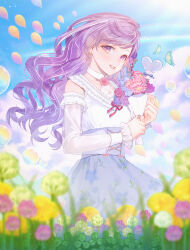  1girl absurdres balloon blue_butterfly blue_skirt blue_sky blurry blurry_foreground bouquet bug butterfly clouds cloudy_sky colorful commission detached_sleeves earrings flower high-waist_skirt highres holding holding_bouquet indie_virtual_youtuber jewelry light_rays long_hair looking_at_viewer outdoors parted_lips pink_flower purple_hair see-through_clothes see-through_sleeves shirt skeb_commission skirt sky sleeveless sleeveless_shirt solo spring_(season) sunlight suzuri_suzuna upper_body violet_eyes virtual_youtuber white_shirt white_sleeves white_wrist_cuffs wrist_cuffs yellow_flower 