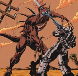  absurdres armor blood blood_splatter blood_spray brotherhood_of_steel claw_mark claws death deathclaw desert energy_gun energy_weapon f3lla fallout firing full_armor gunshot_wound headshot highres horns laser_rifle monster post-apocalypse power_armor power_armor_(fallout) power_lines tail weapon 